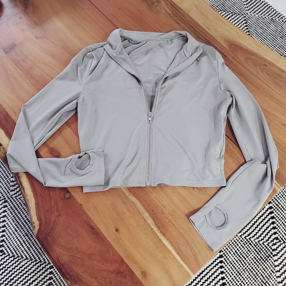 Light Gray Semi Cropped Zip-Front Active Run Cardigan Blazer Jacket
